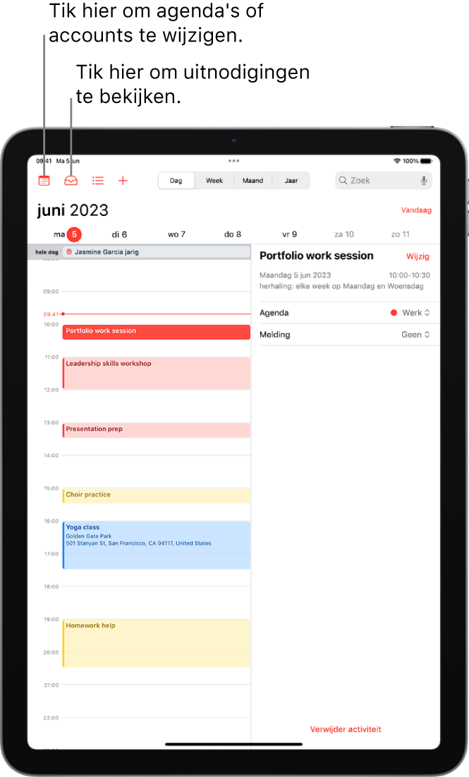 Een agenda in de dagweergave. Met de knoppen midden bovenin kun je schakelen tussen de weergaven 'Dag', 'Week', 'Maand' en 'Jaar'. Linksboven in het scherm staat de knop 'Agenda's' en linksbovenin staat de knop 'Inkomend'.