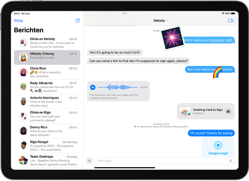 Een gesprek in Berichten waarbij iMessage-voorzieningen te zien zijn.