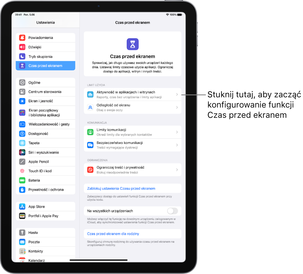 Ekran konfigurowania funkcji Czas przed ekranem, wyświetlający informację o konieczności stuknięcia w Aktywność w aplikacjach i witrynach.