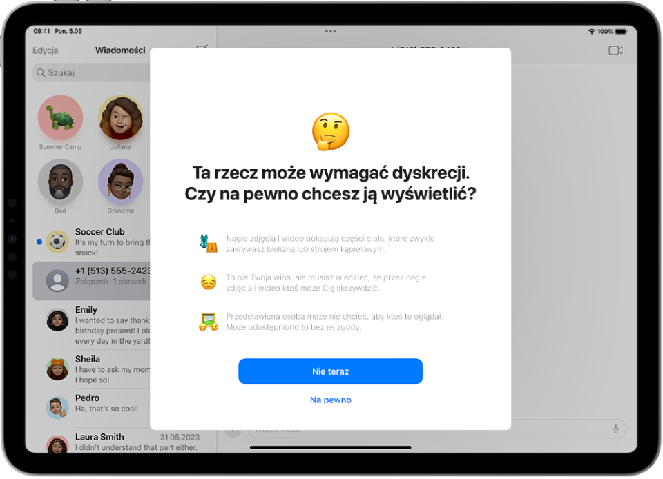 Ekran ostrzeżenia dotyczącego treści wymagających dyskrecji, ostrzegający przed możliwą nagością na zdjęciu. Na dole ekranu znajdują się przyciski: Nie teraz i Na pewno.