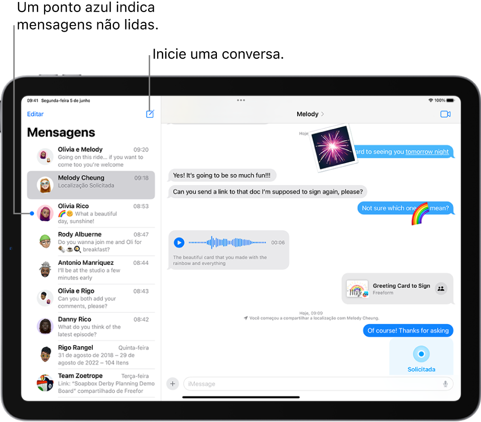 A lista de conversas à esquerda e uma conversa à direita. Toque no botão Redigir na parte superior direita da lista de conversas para começar uma nova mensagem. Um ponto azul à esquerda de uma mensagem significa que ela não foi lida.