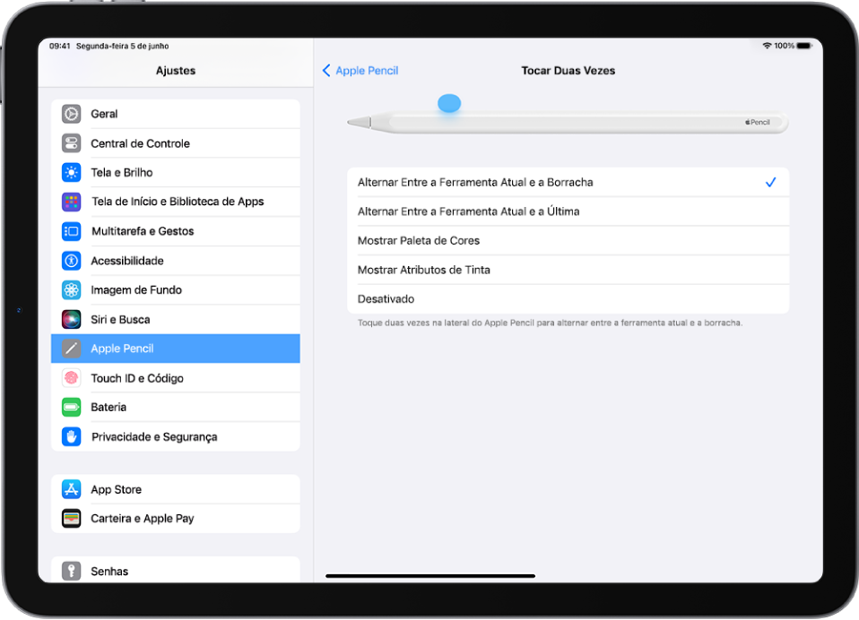 Tela para escolher a ação do ajuste de toque duplo.