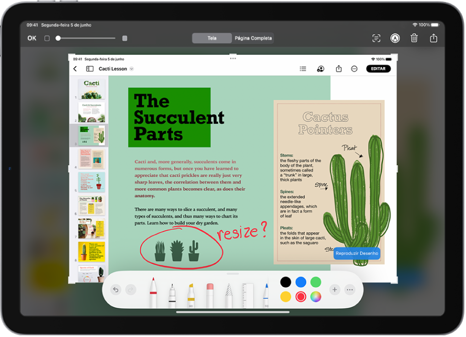 Tela de um documento do Pages com comentários anotados que foram escritos com a ferramenta de marca-texto vermelha.