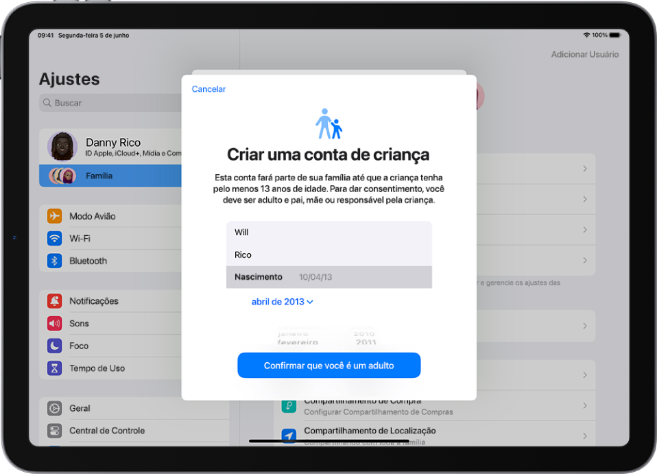 Tela Criar uma Conta para uma Criança, com campos para o nome, sobrenome e data de nascimento da criança.