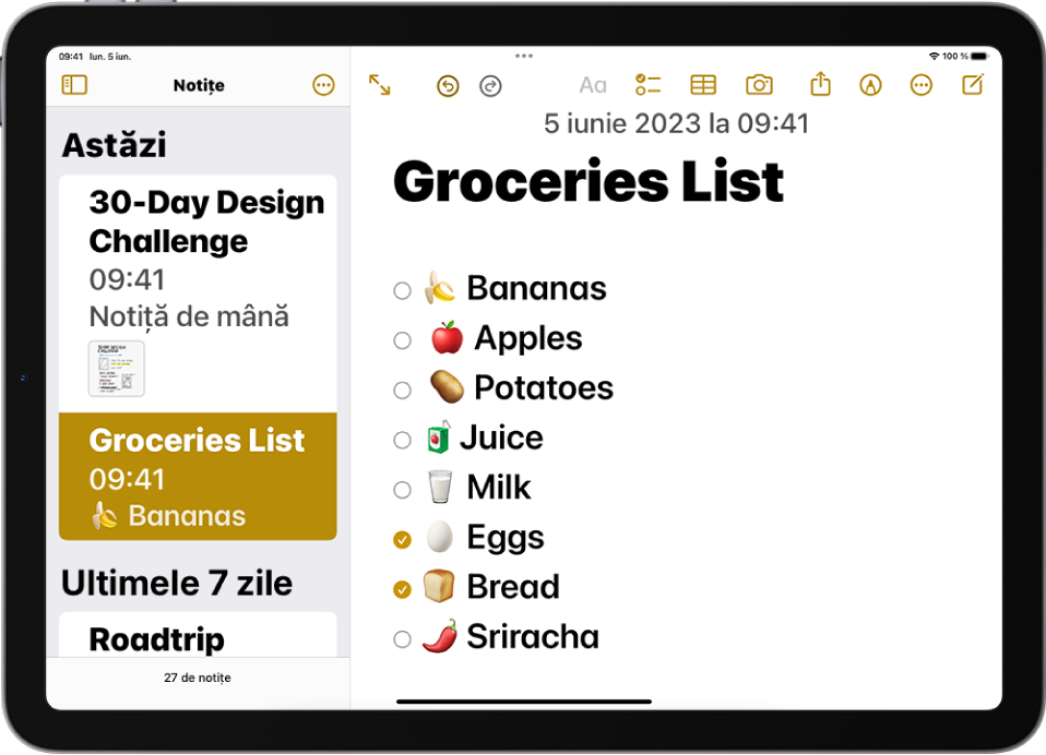 O listă în Notițe cu text aldin, folosind dimensiuni mai mari pentru accesibilitate și opțiunea Forme butoane activată.