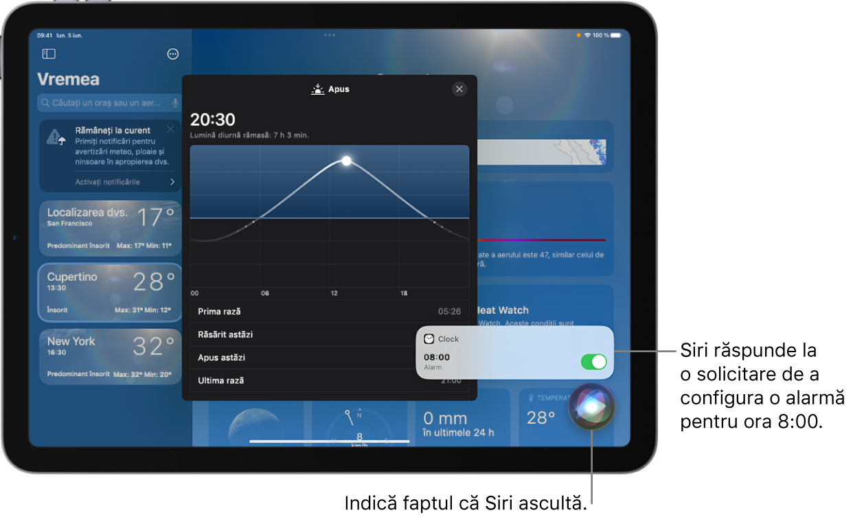 Siri pe ecranul aplicației Vremea. În dreapta jos, o notificare de la aplicația Ceas arată că o alarmă este activată pentru ora 8:00. O pictogramă de sub aceasta indică faptul că Siri ascultă.