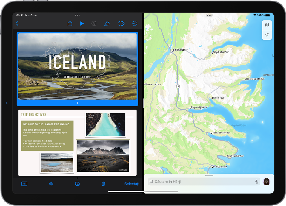 Aplicația Keynote este deschisă în stânga ecranului și aplicația Hărți este deschisă în dreapta. Între aplicații se află un separator ajustabil, utilizat pentru a redimensiona Split View.
