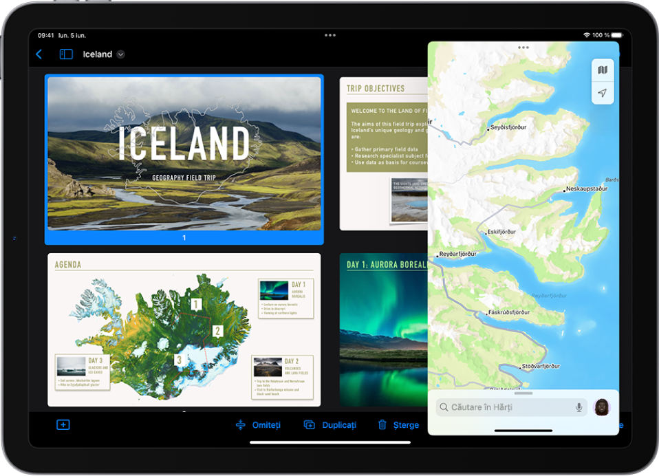 Aplicația Keynote umple ecranul. Aplicația Hărți este deschisă într-o fereastră Slide Over din partea dreaptă a ecranului.