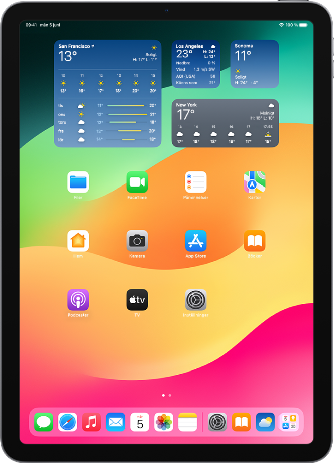Hemskärmen på iPad. Överst på skärmen finns fyra Väder-widgetar för fyra olika platser.