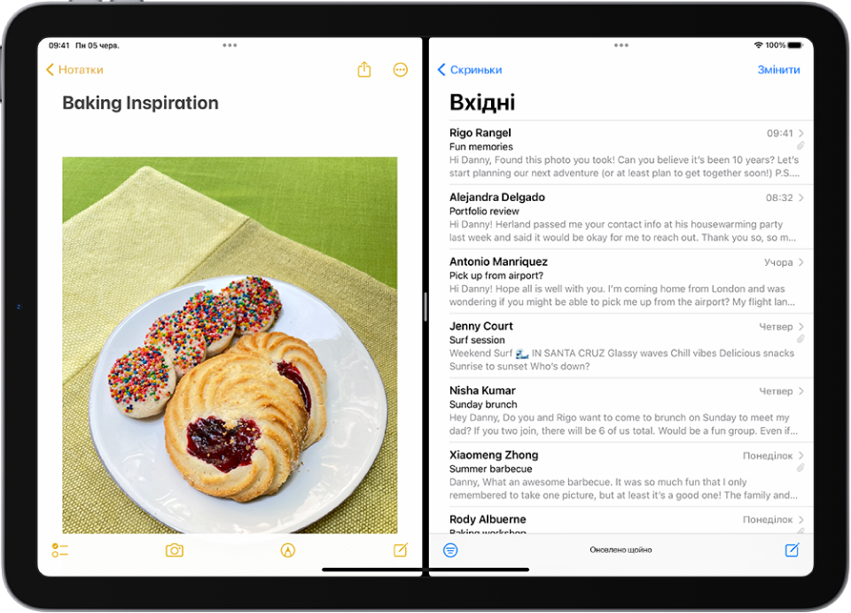 З лівого боку екрана відкрито програму «Нотатки», а з правого — «Пошта». Між програмами розташований регульований роздільник, за допомогою якого можна змінити пропорції розділення.