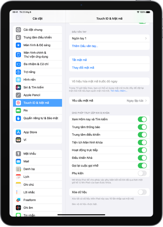 Cài đặt Touch ID & Mật mã, với các tùy chọn để cho phép truy cập vào các tính năng cụ khi iPad được khóa.