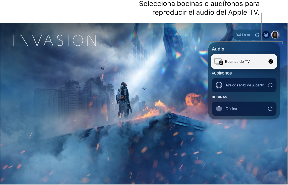 Pantalla del Apple TV mostrando los controles de audio del centro de control