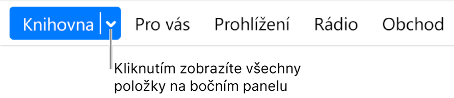 Tlačítko Knihovna na navigačním panelu zobrazující místní nabídku. Kliknutím na tlačítko získáte přístup ke všem položkám bočního panelu v případě, že boční panel skryjete.