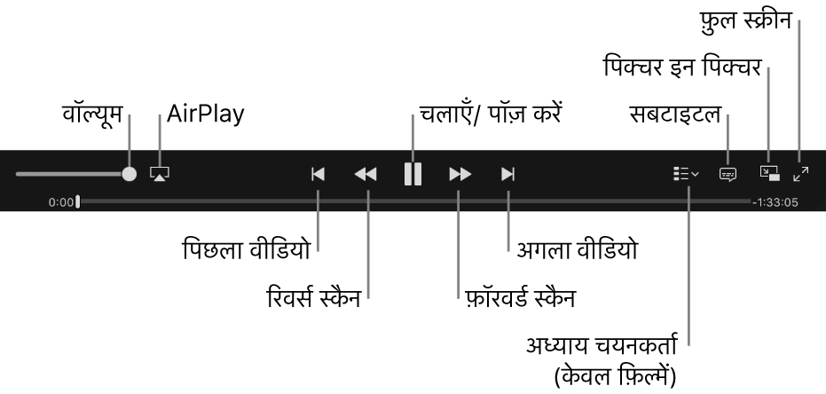वीडियो कंट्रोल्स: वॉल्यूम, AirPlay, प्रीवियस वीडियो, रिवर्स स्कैन, प्ले/पॉज, फॉरवार्ड स्कैन, नेक्स्ट वीडियो, चैप्टर सेलेक्टर (केवल फ़िल्में के लिए), सब्टाइटल्स, पिक्चर इन पिक्चर तथा फ़ुल स्क्रीन।