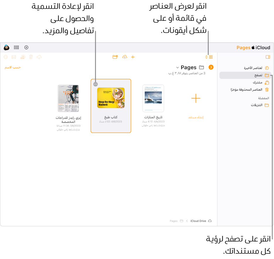 يعرض مدير المستندات في طريقة عرض التصفح مستندات Pages كأيقونات في شبكة. يظهر زر المزيد (ثلاث نقاط) في الزاوية العلوية اليسرى من المستند المحدد. تظهر قائمة منبثقة أعلى المستندات على الجانب الأيمن من شريط الأدوات يمكنك أن تختار منها عرض العناصر كأيقونات أو في قائمة. تظهر أزرار في الجانب الأيسر لشريط الأدوات للتنزيل أو التعاون أو إرسال بريد إلكتروني أو الحذف.