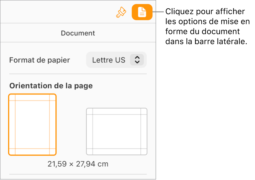 Bouton Document sélectionné dans la barre d’outils et commandes de changement de la taille du papier et de l’orientation de la page dans l’onglet Document de la barre latérale.