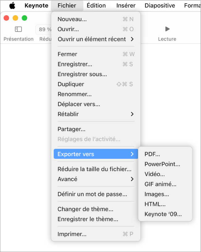 Menu Fichier ouvert avec option Exportation vers sélectionnée, le sous-menu correspondant affichant les options d’exportation aux formats PDF, PowerPoint, Vidéo, HTML, Images et Keynote ’09