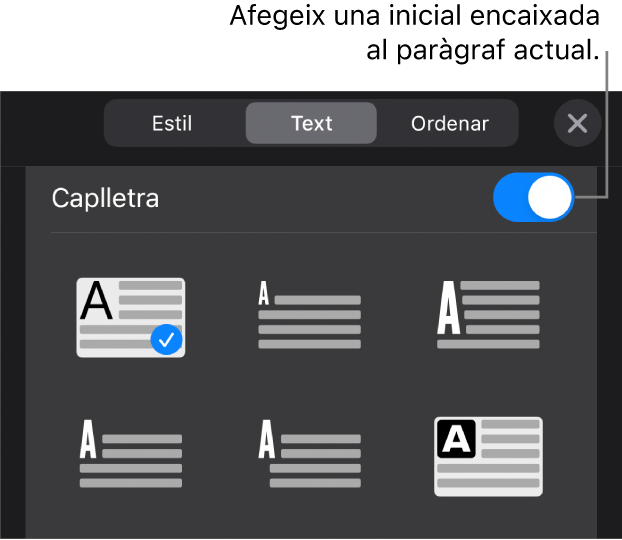 Els controls de caplletra a la part inferior del menú “Text”.