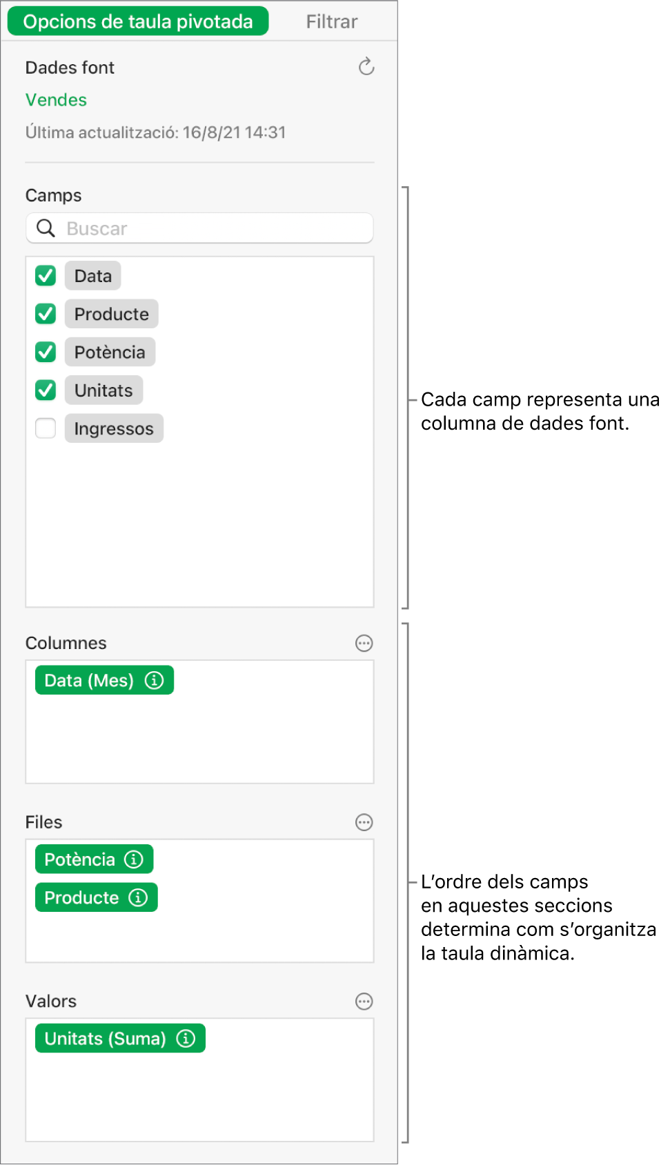 El menú “Opcions de taula dinàmica” que mostra els camps a les seccions Columnes, Files i Valors, a més dels controls per editar els camps i actualitzar la taula dinàmica.
