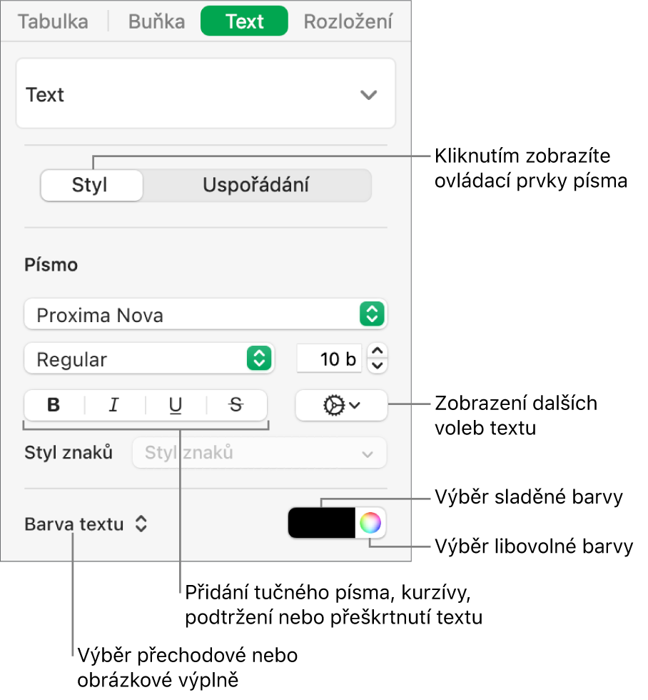 Ovládací prvky pro nastavení stylu textu v tabulce