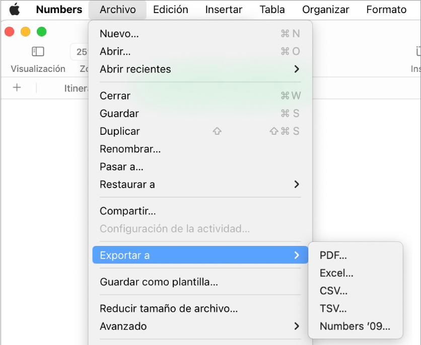 El menú Archivo abierto con la opción Exportar a seleccionada y con su submenú donde se muestran las opciones de exportación a PDF, Excel, CSV y Numbers '09.