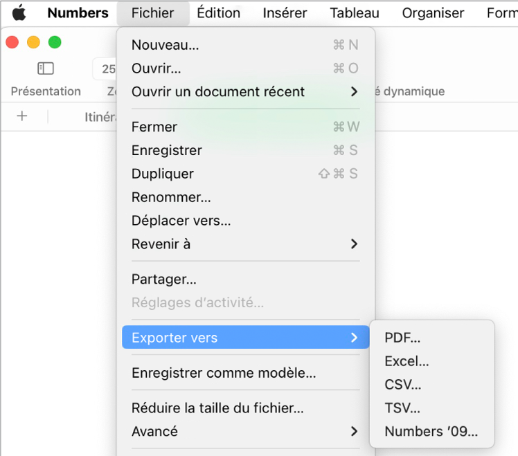 Menu Fichier ouvert avec l’option Exportation vers sélectionnée, le sous-menu correspondant affichant les options d’exportation aux formats PDF, Excel, CSV et Numbers ’09.