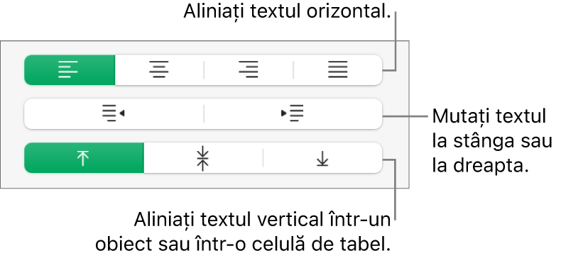 Secțiunea Aliniere a barei laterale Format cu explicații pentru butoanele de aliniere a textului.