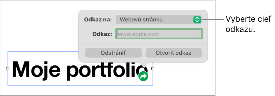 Ovládacie prvky editora odkazov s vybranou položkou Webová stránka a tlačidlami Odstrániť a Otvoriť odkaz v dolnej časti.