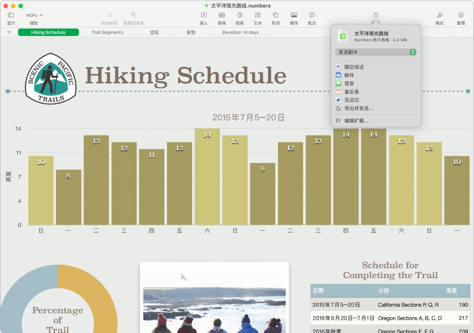 Numbers 表格窗口显示“共享”菜单,包含发送电子表格副本或者以其他格式导出并发送的选项。
