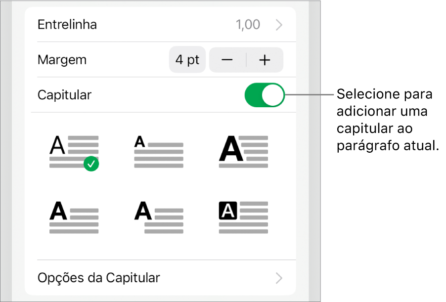 Controles Capitular localizados no menu Texto.