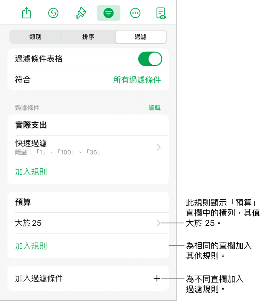 控制項目,用於加入新過濾規則或編輯現有過濾規則。