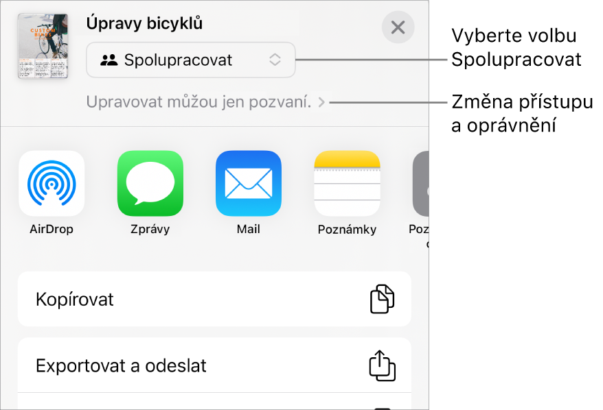 Nabídka sdílení, v níž je nahoře vidět vybraná volba Spolupracovat a pod ní volby pro nastavení přístupu a oprávnění