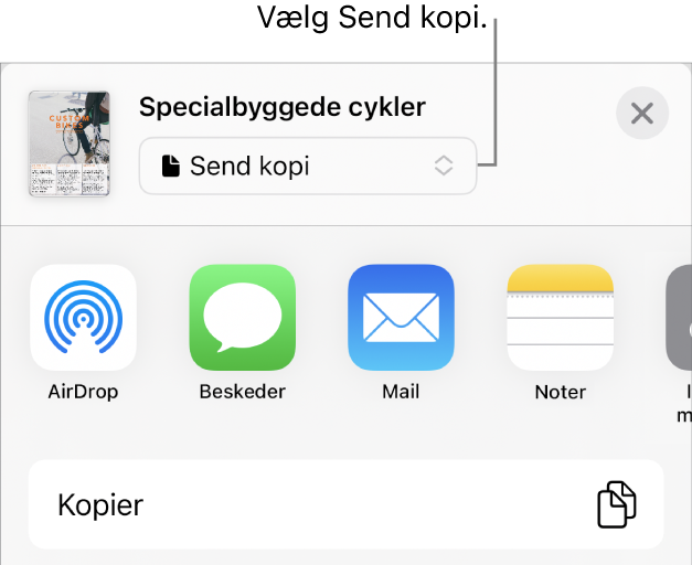 Menuen Del, hvor Send kopi er valgt øverst.