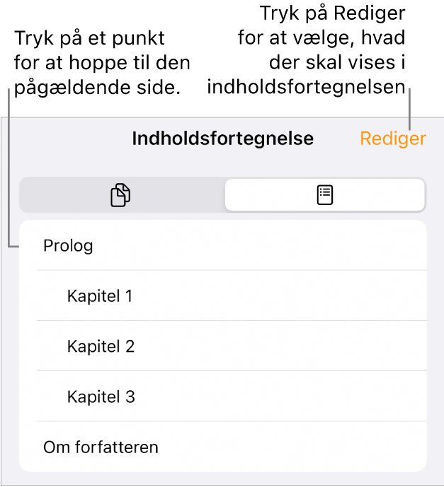 Oversigten med en liste over overskrifter i indholdsfortegnelsen. Øverst til højre findes knappen Rediger, og nederst findes knapperne Miniaturer af sider og Indholdsfortegnelse.