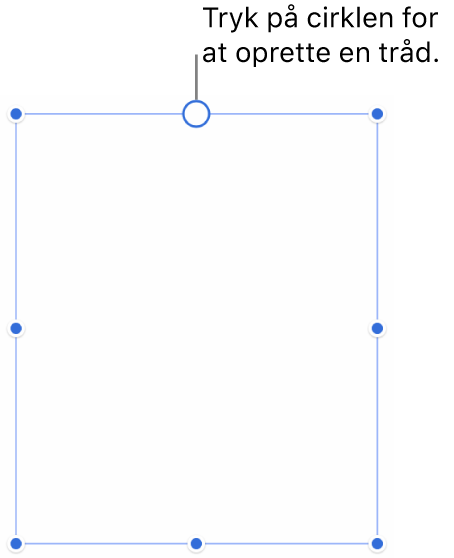 Et tomt tekstfelt med en hvid cirkel øverst og håndtag til størrelsesændring i hjørnerne, siderne og bunden.