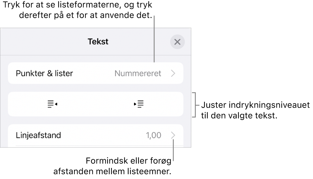 Området Punkter & lister under betjeningsmulighederne til format med billedforklaringer til Punkter & lister, knapperne Ryk ind og Ryk ud og betjeningsmulighederne til linjeafstand.