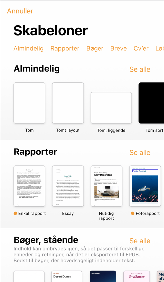 Skabelonvælgeren, der viser en række kategorier langs toppen, som du kan trykke på for at filtrere mulighederne. Derunder vises miniaturer af færdige skabeloner opstillet i rækker efter kategori med Nyt øverst efterfulgt af Seneste og Almindelig. Knappen Se alle vises ovenover og til højre for hver kategorirække. Knappen Sprog & område ses i øverste højre hjørne.