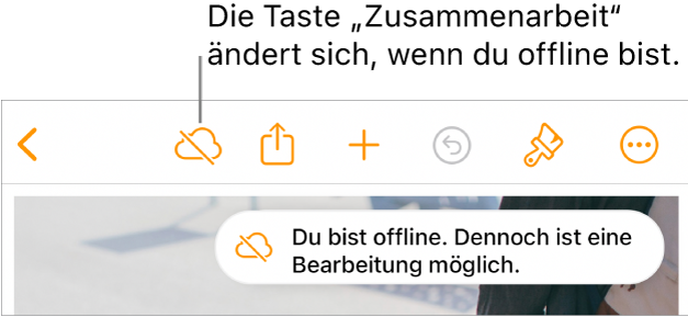 Die Tasten oben auf dem Bildschirm, darunter die Taste „Zusammenarbeit“, die als mit einer diagonalen Linie durchgestrichenen Wolke dargestellt wird. Ein Hinweis auf dem Bildschirm besagt, dass du offline bist, aber weiterhin arbeiten kannst.