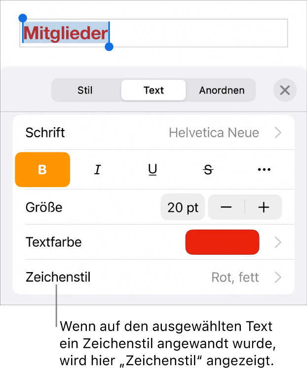 Die Steuerelemente für die Textformatierung mit „Zeichenstil“ unter den Farbsteuerungen Der Zeichenstil „Ohne“ mit einem Stern