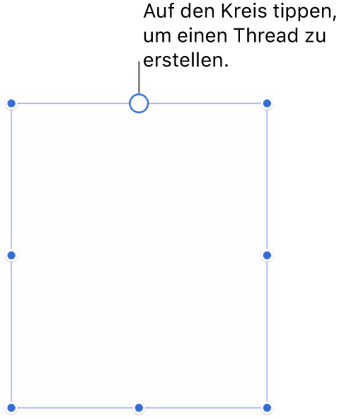 Ein leeres Textfeld mit einem Kreis oben und Aktivpunkten für die Größenänderungen an den Ecken, Seiten und unten