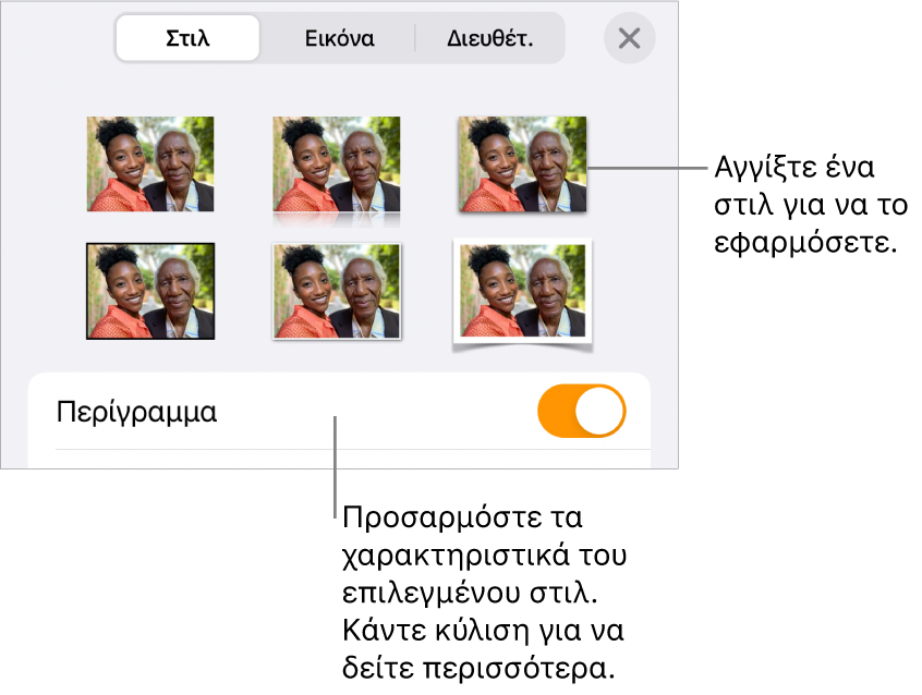 Η καρτέλα «Στιλ» στο μενού «Μορφή», με στιλ αντικειμένου στο πάνω μέρος και ένα στοιχείο ελέγχου από κάτω για αλλαγή του περιγράμματος.
