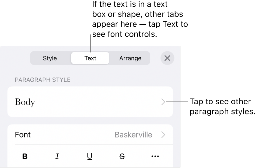 The Format menu showing text controls for setting paragraph and character styles, font, size and colour.