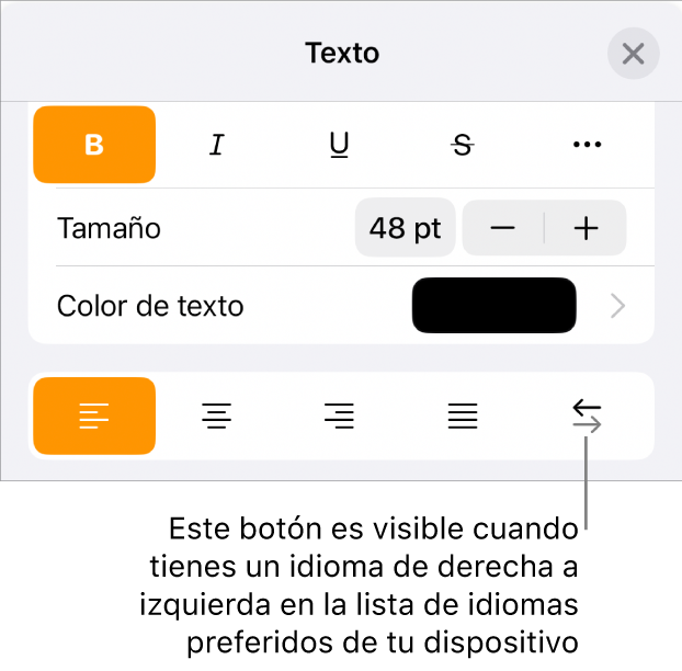 Los controles de texto se encuentran en el menú de Formato con un mensaje que señala el botón de derecha a izquierda.