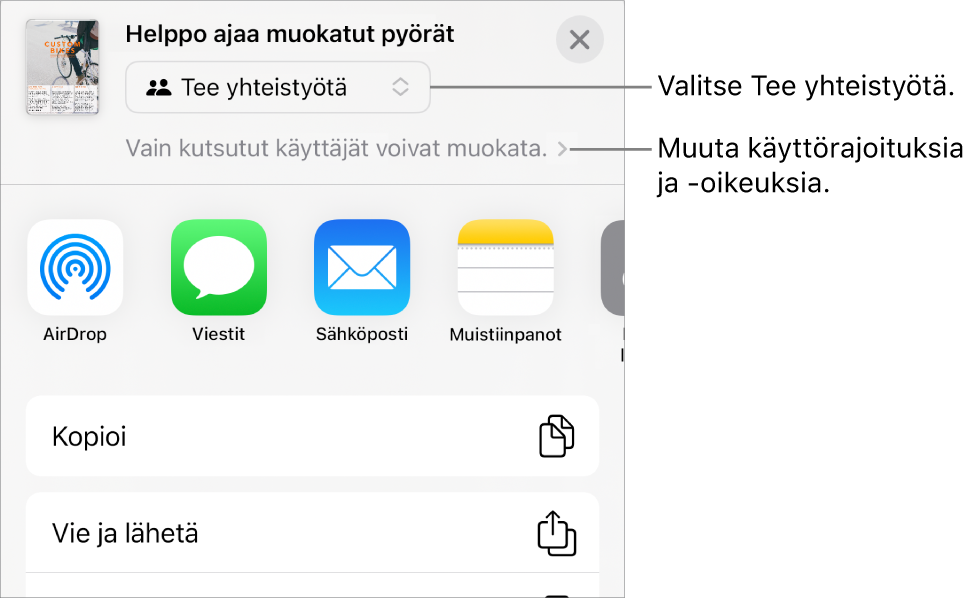 Jaa-valikko, jossa on ylhäällä valittuna Tee yhteistyötä, ja sen alla ovat käyttöoikeus- ja lupa-asetukset.