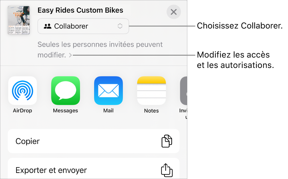Le menu Partager avec l’option Collaborer sélectionnée en haut, et des réglages d’accès et d’autorisation en dessous.