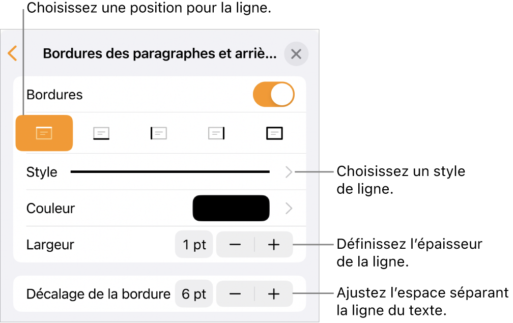 Commandes permettant de modifier le style, l’épaisseur, la position et la couleur de la ligne.
