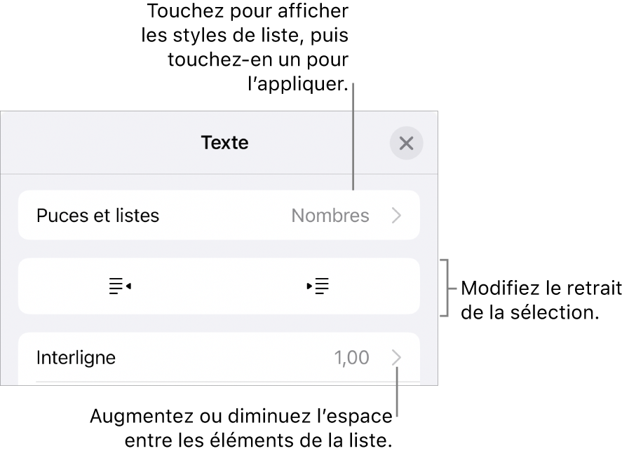 La section « Puces et listes » des commandes Format avec des légendes pour « Puces et listes », les boutons d’indentation et de suppression d’indentation et les commandes d’espacement entre les lignes.