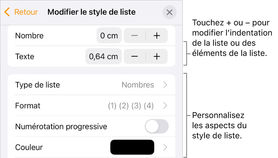 Le menu « Modifier le style de liste » avec des commandes d’espacement de l’indentation, de type et de format de liste, de numérotation progressive et d’espacement entre les lignes.