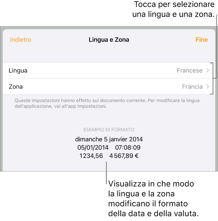 Il pannello Lingua e Zona con i controlli per lingua e zona e un esempio di formato che include data, ora, numeri decimali e valuta.
