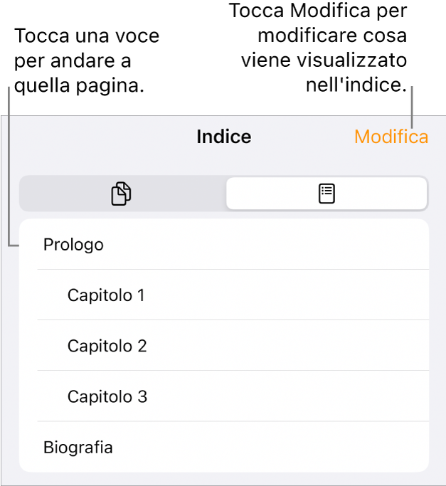 La vista indice con le intestazioni in un elenco. Nell’angolo superiore destro c’è un pulsante Modifica, mentre nella parte inferiore ci sono i pulsanti “Miniature pagina” e Indice.
